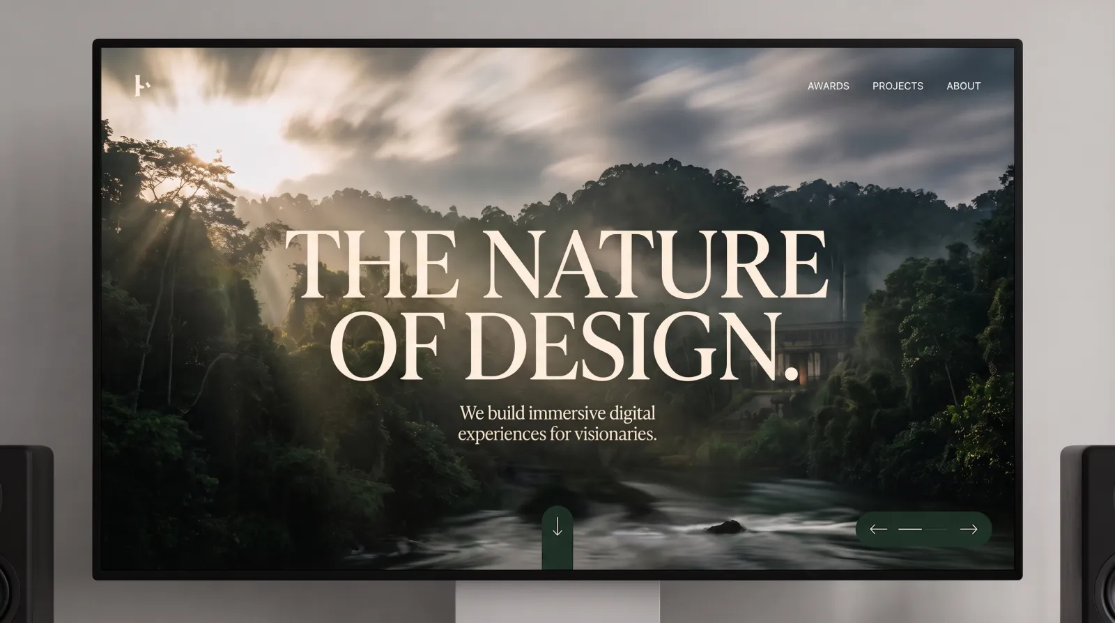 A flagship cinematic website shown on a large monitor: a dark, immersive homepage with oversized editorial type over a moody photograph.