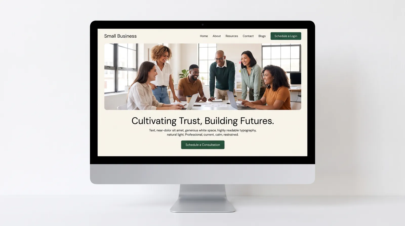 A standard redesign shown on a desktop screen: a clean, modern small-business homepage with a team photo and a clear button.